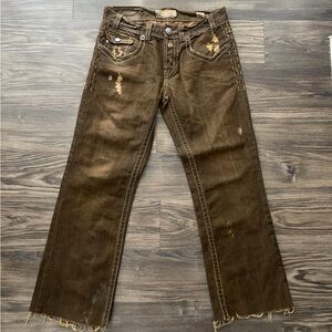 DEK Denim Brown Distressed Jeans Y2K Grunge Straight Leg Raw Hem Size 32/34